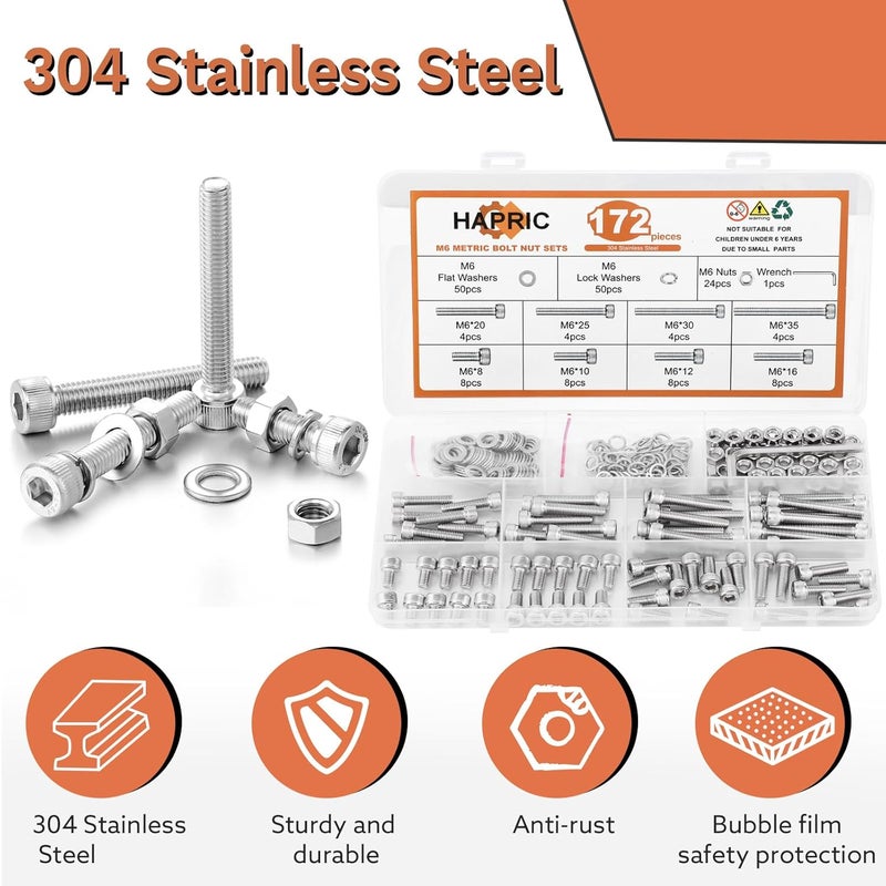 Hapric 172 Pcs M6 Screws Assortment Kit, M6x 8/10/12/16/20/25/30/35mm M6 Bolts Kit, 304 Stainless Steel Hex Socket Head Screws Nuts Bolts and Washers Set - Image 5